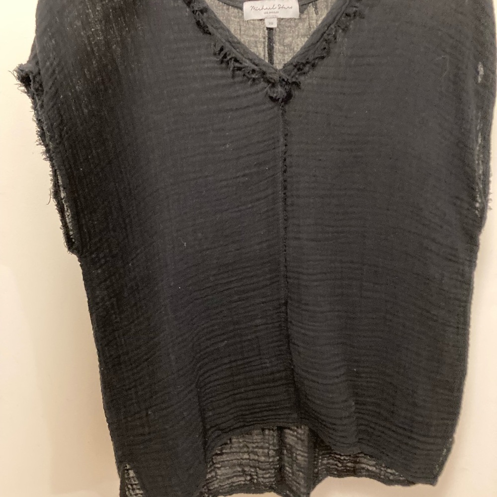 Michael Stars Draya Cotton Gauze Black V-Neck Top